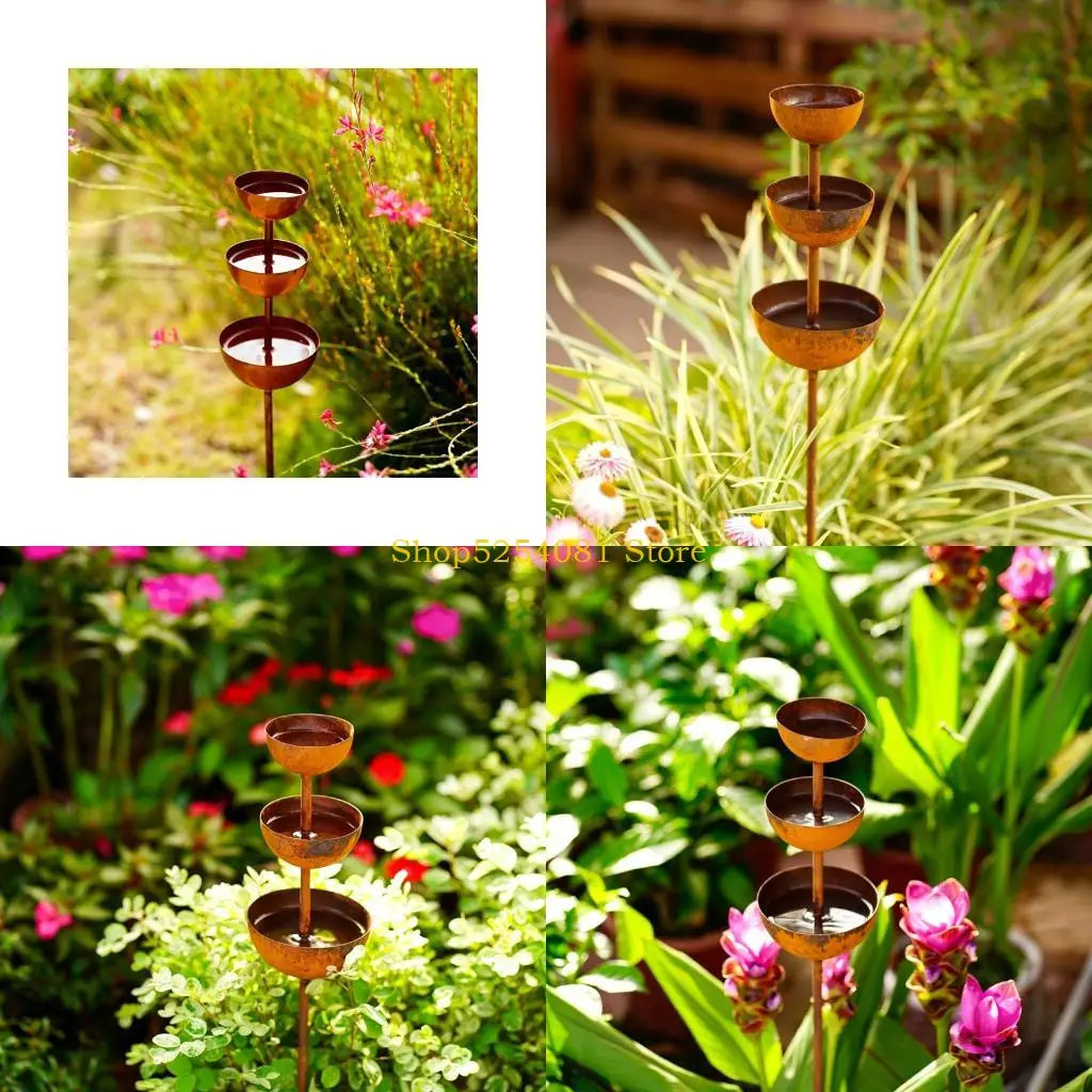 AXYC Iron Garden Rain Catching 3-Tiered Bowl Metal Bird Bath Garden Stake Decorative Bird Water Dispenser Courtyard