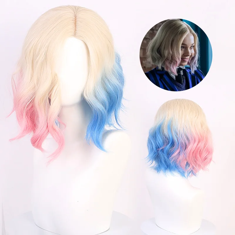 วิกผมคอสเพลย์สีฟ้าและสีชมพู แบบสั้น ลอนคลื่น อุปกรณ์เสริมผม ทนความร้อนสูง สำหรับผู้หญิง