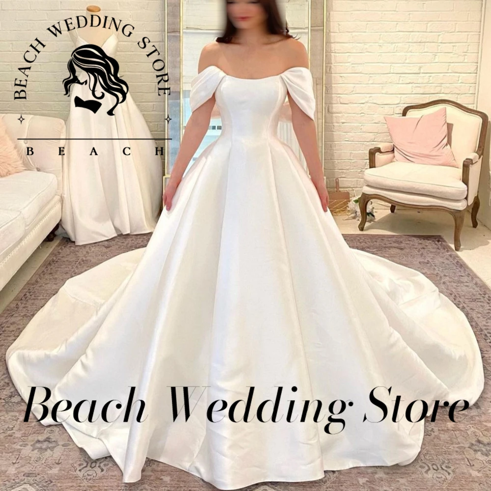 Praia personalizado vestido de baile vestido de casamento cetim querida até o chão trem real para as mulheres boné manga vestidos de novia branco