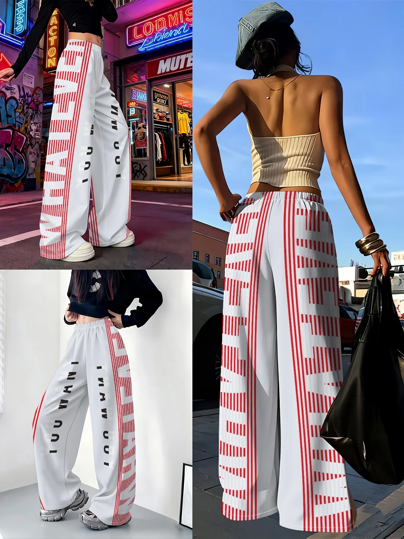 Streetwear Ladies Low Rise Wide Leg Trousers Letter Graphic Side Stripe Print Elastic Waist Loose Casual Pants