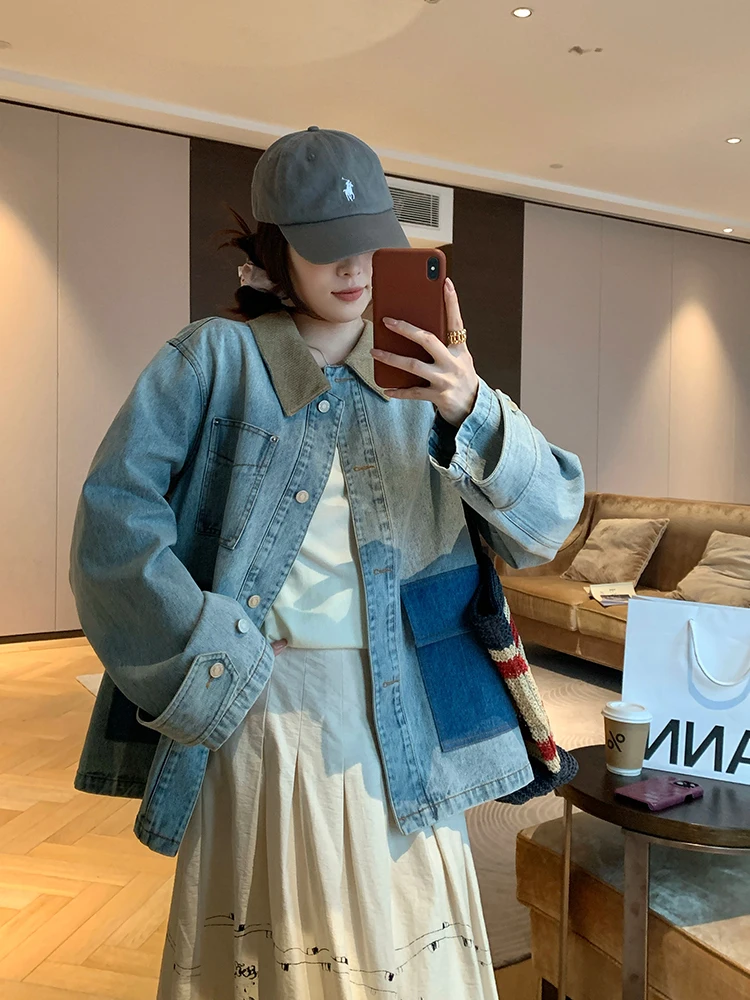 

NAZ Large Size Vintage Design Color Blo Denim Jaet Women's Autumn New Sle Faionable Casual Cotton Long Sve Coat