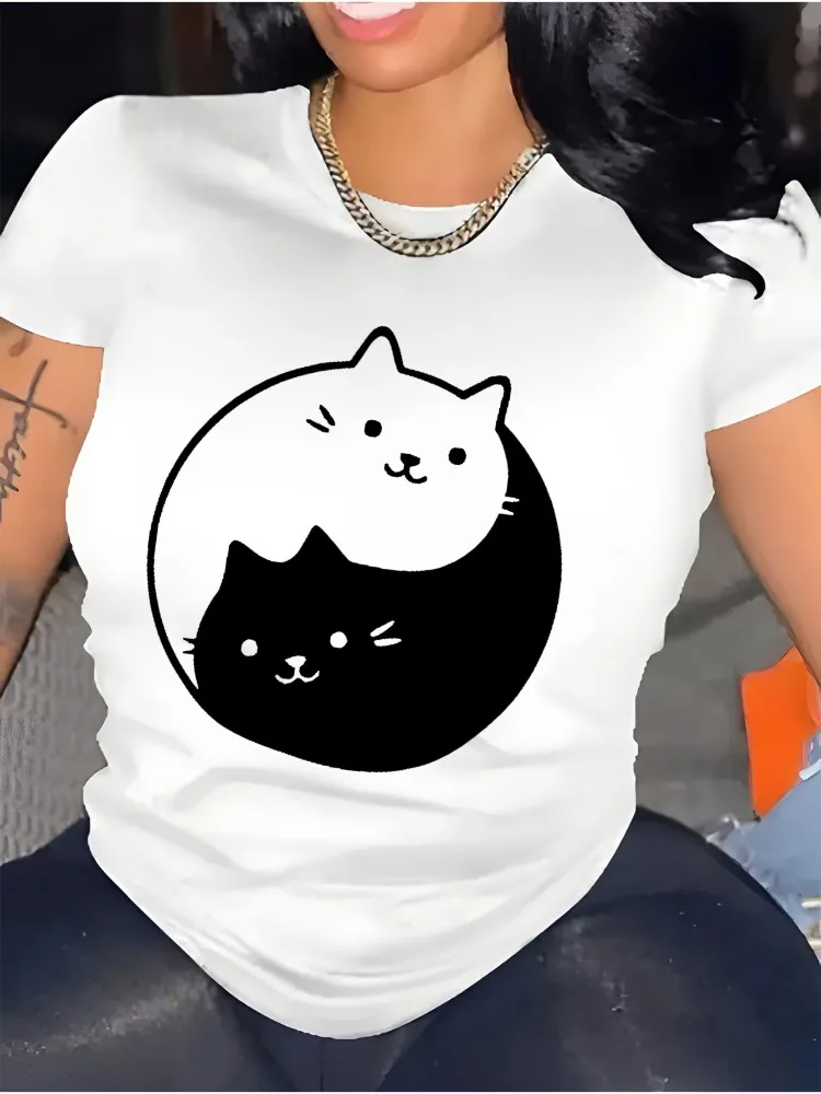 

Women's fashion black and white cat print T-shirt casual round neck short sleeved T-shirt sports top Harajuku style clothing