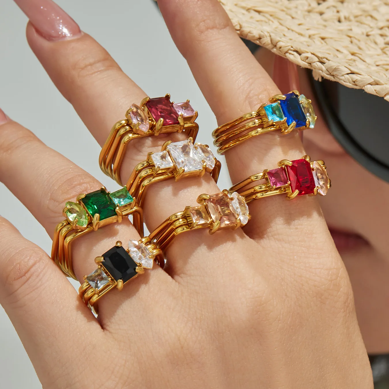 3-teiliges Edelstahlring-Set, 3-in-1 Stapelringe, 18K vergoldete Ringe, bunte Zirkon-Dreifachringe für Damen – Detail 3