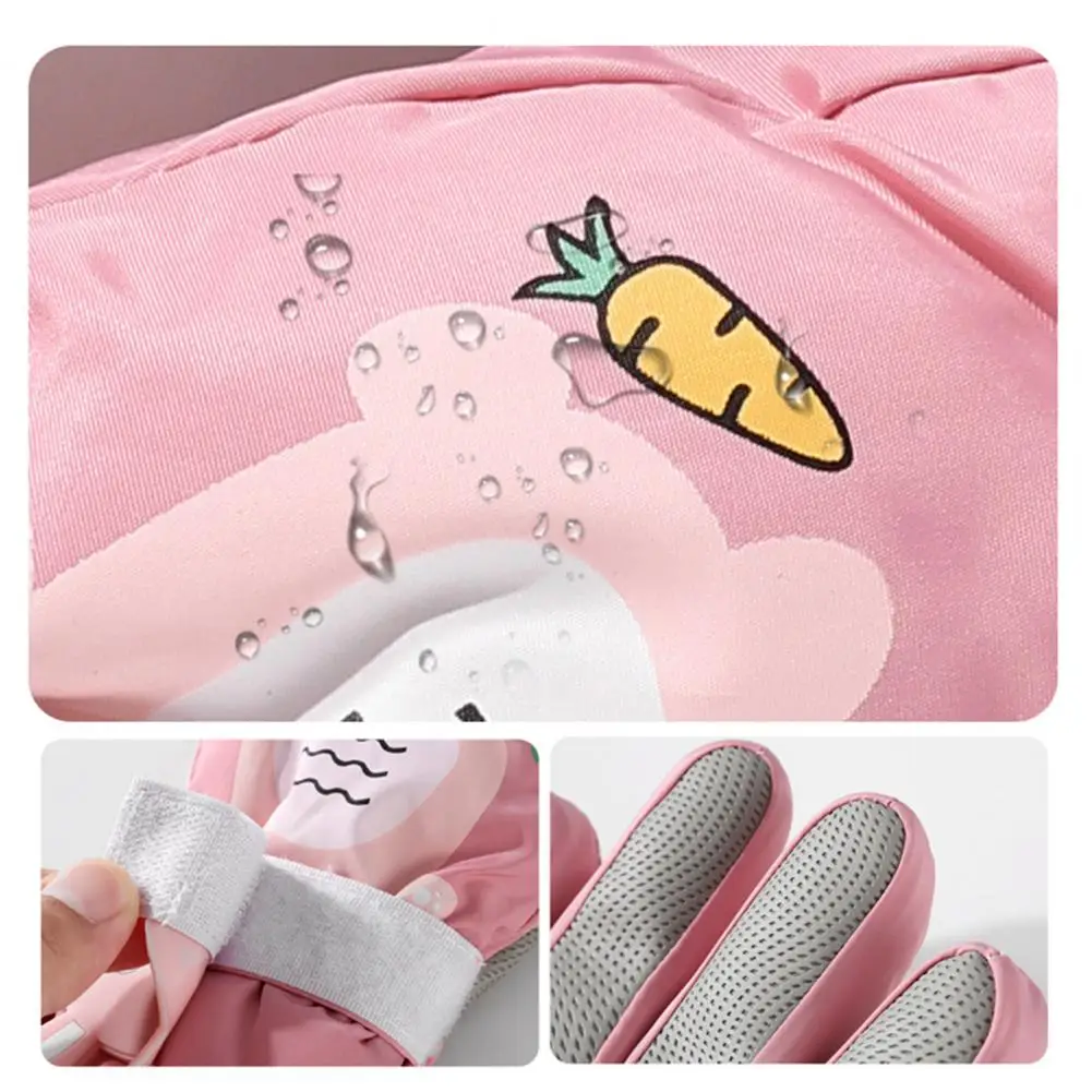 1 Pair Winter Ski Gloves With Adjustable Fastener Tape Cartoon Rabbit Design Thermal Mitts Fleece Lining Thick Warm Kids Gloves