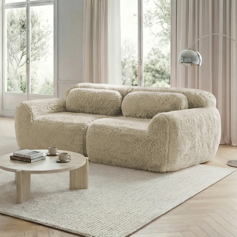 2-Sitzer-Sofa, Plüschstoff, rahmenloses modulares Design, frei kombinierbar, mit Kissen. Weicher, hochelastischer Schaumstoff, rutschfeste Unterseite, geeignet für Wohnzimmer, Schlafzimmer, hellkhaki.