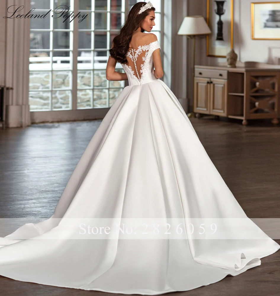 Lceland Poppy Customized A Line Off the Shoulder Satin Wedding Dresses Beaded Lace Bridal Gowns with Court Train
