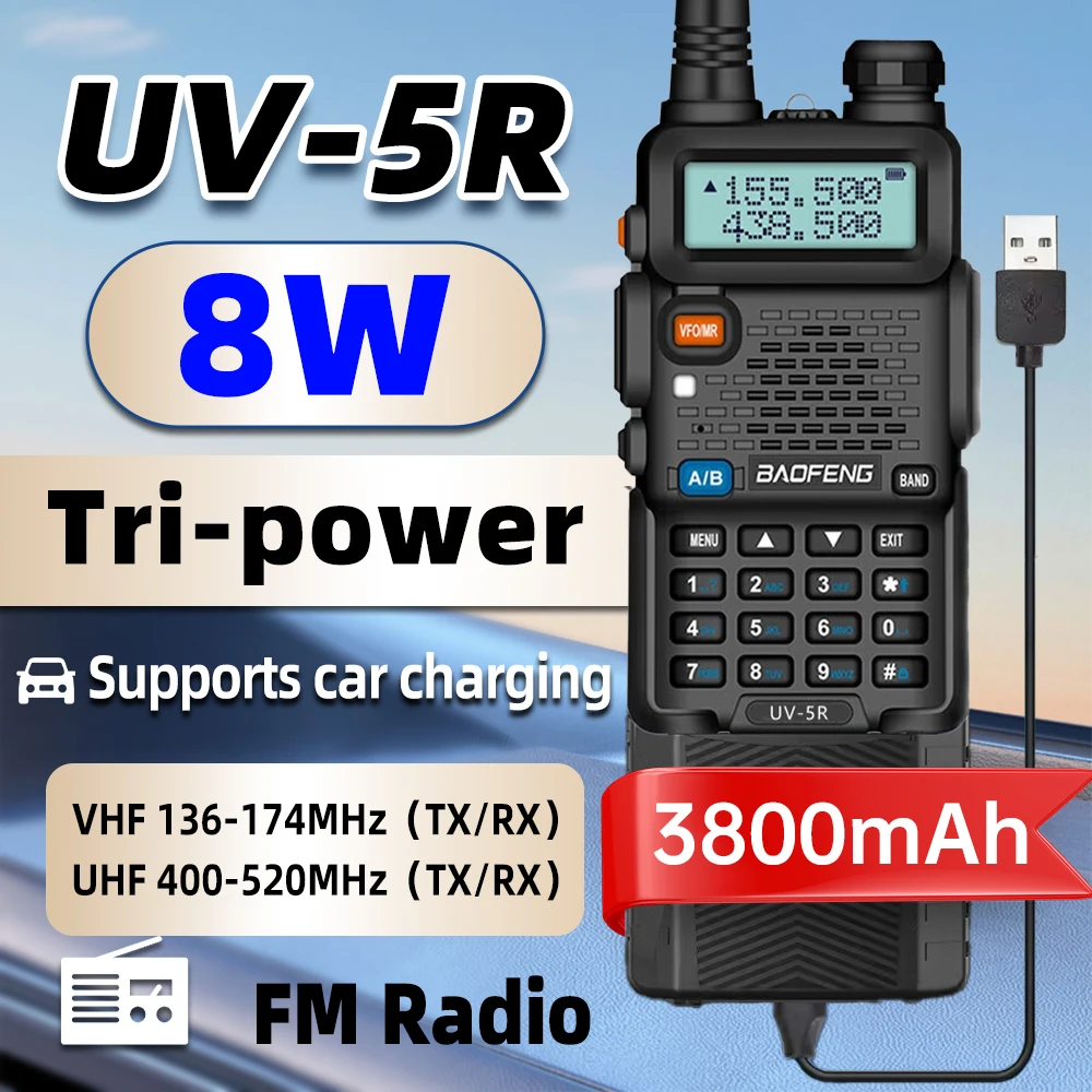 1/2 pezzi Baofeng UV-5R Walkie Talkie 8W 3800mAh Tri Power Type-C VHF UHF Dual Band a lungo raggio Radio FM Ricetrasmettitore portatile Outdoo