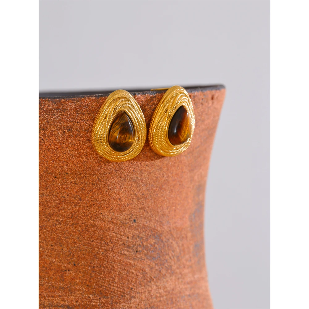 Yhpup Water Drop Natural Stone Fashion Geometric Daily Stud Earrings Vintage Tiger Lapis Lazuli Charm Jewelry Gold Color PVD