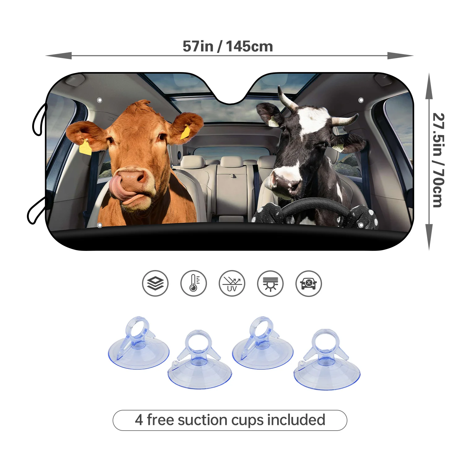 1pc Funny Cow Driver Auto Windshield Sunshade With 4 Free Suction Cups Blocks Farm Pet Auto Universal Foldable Couple Animal Sun