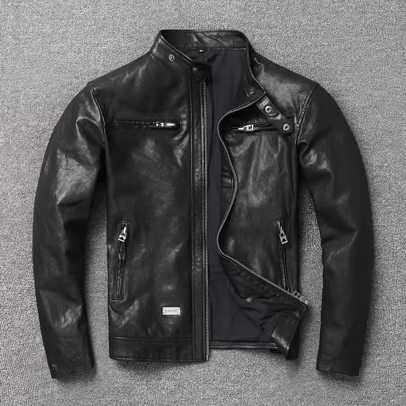 YR!Wholesales.Popular Men Black Tanned goatskin leather jacket.Young quality street fashion genuine coat.Slim short Moto