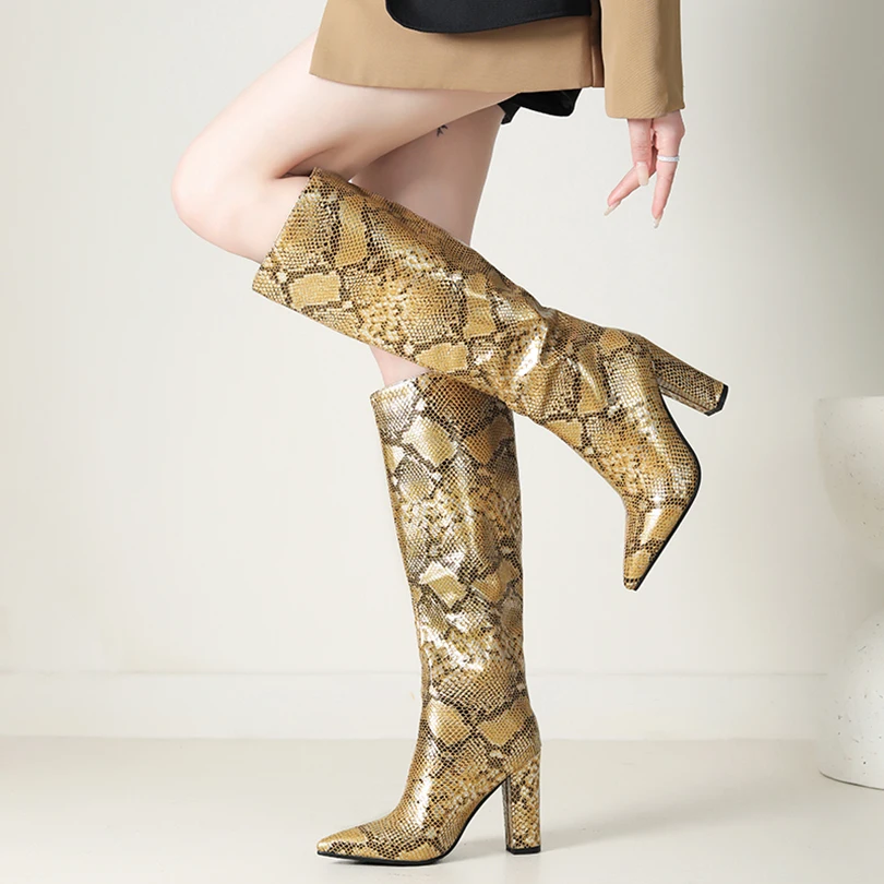 Knee Length Boots For Women With Pointed Ultra-High Thick Heels Snake Pattern New Breathable Sexy Fashion Boots For Autumn 2024