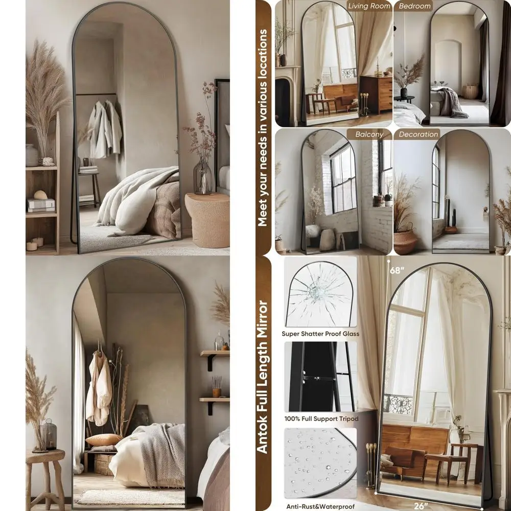 Duże lustro podłogowe w stylu łuku, 26x68 cali, czarne lustro stojące do sypialni, salonu lub garderoby.