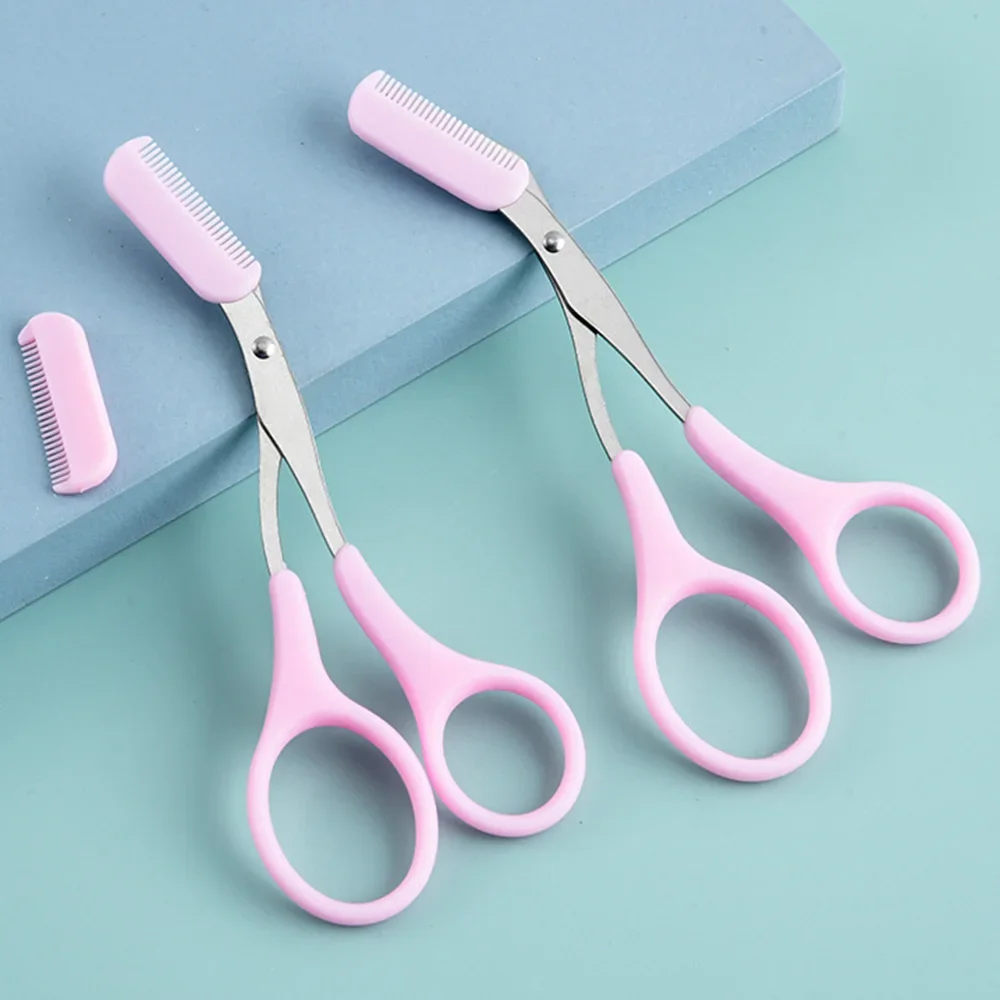 Recortador de cejas de acero inoxidable, 3 colores, tijeras con peine, recortador de cejas profesional, raspador, herramienta de cuidado facial para principiantes, 1 ud.