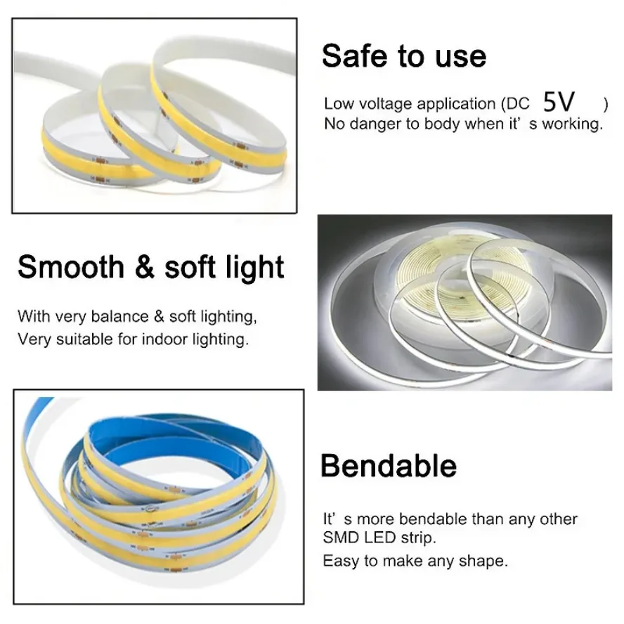 USB COB Strip DC5V 320Leds/M White/Red/Yellow Cabinet Light Lamp TV Backlight Flexible LED Strip Lighting Tape Home Decor Lamp