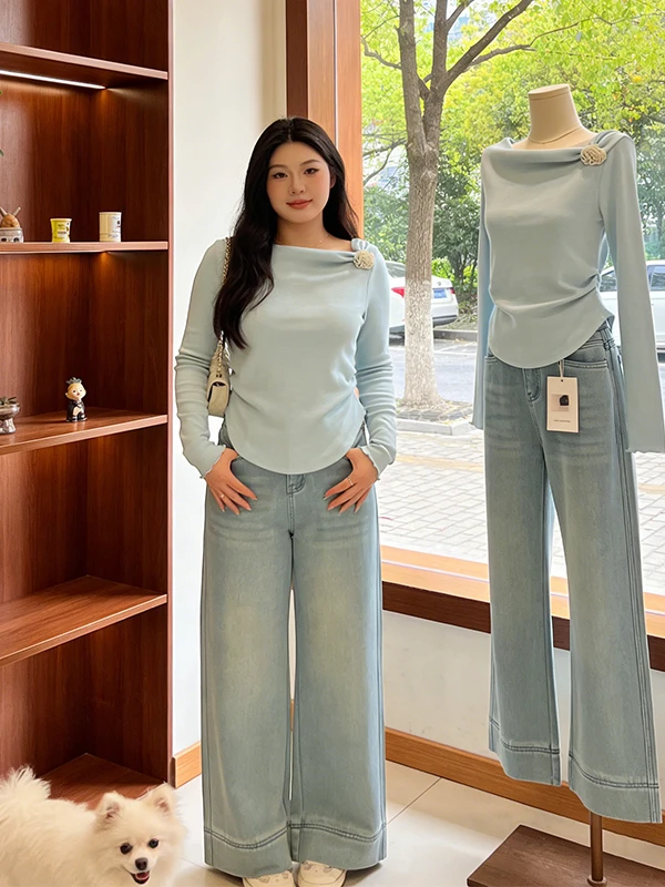 

plus Size Women's Fashionable Versatile Slimming Blue Base Shirt Spring 2026 Stylish Top Quality Age-Defying Bottom Wear