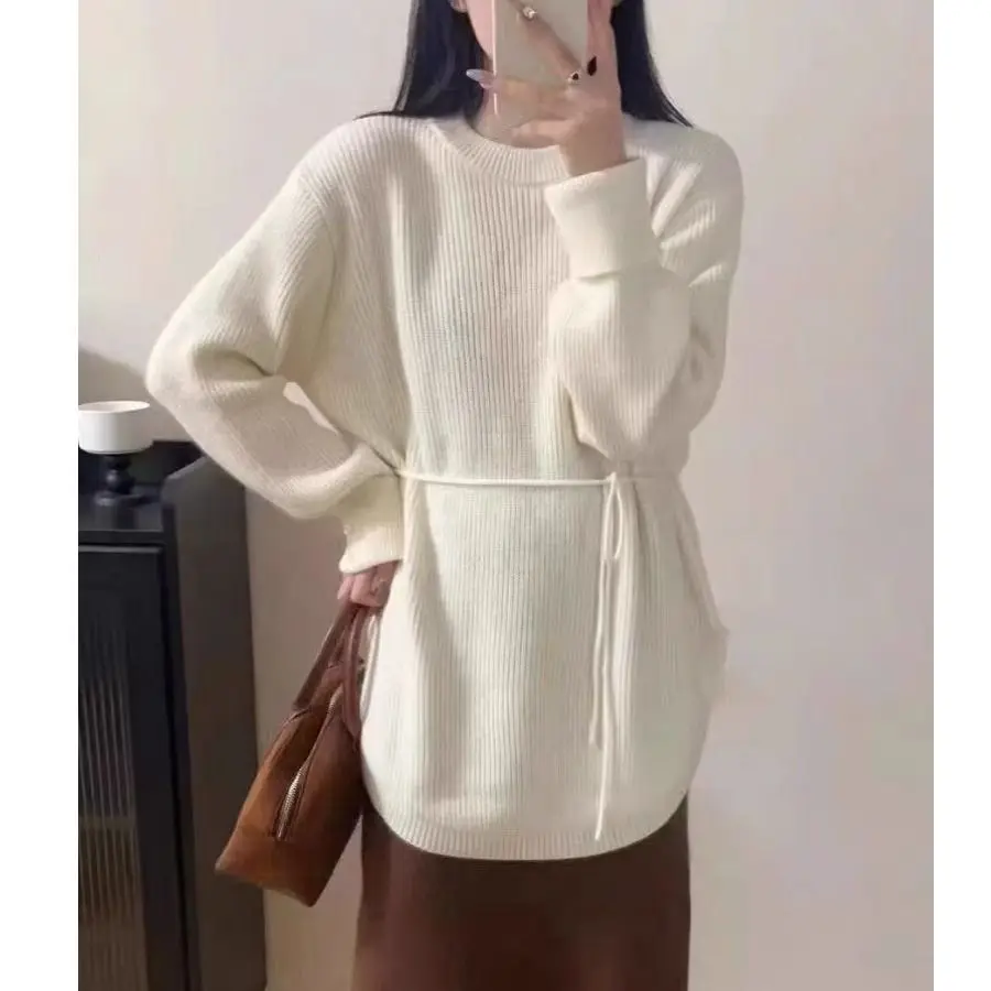 

Women Lazy Style Belted Sweater Spring Autumn Fashion Loose Waist Slimming Knitwear Long Top