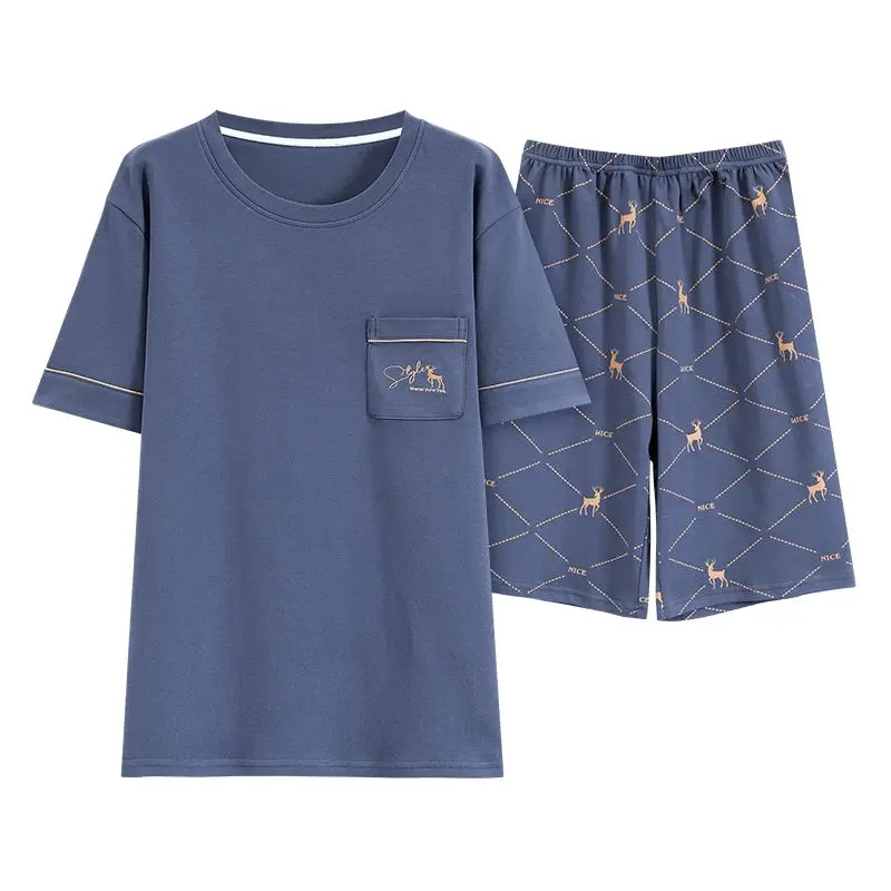 2026 Summer Short Sleeve 100% Cotton Casual Plaid Pajama Sets for Men Korean Loose Sleepwear Pyjama Male Homewear Home Clothes