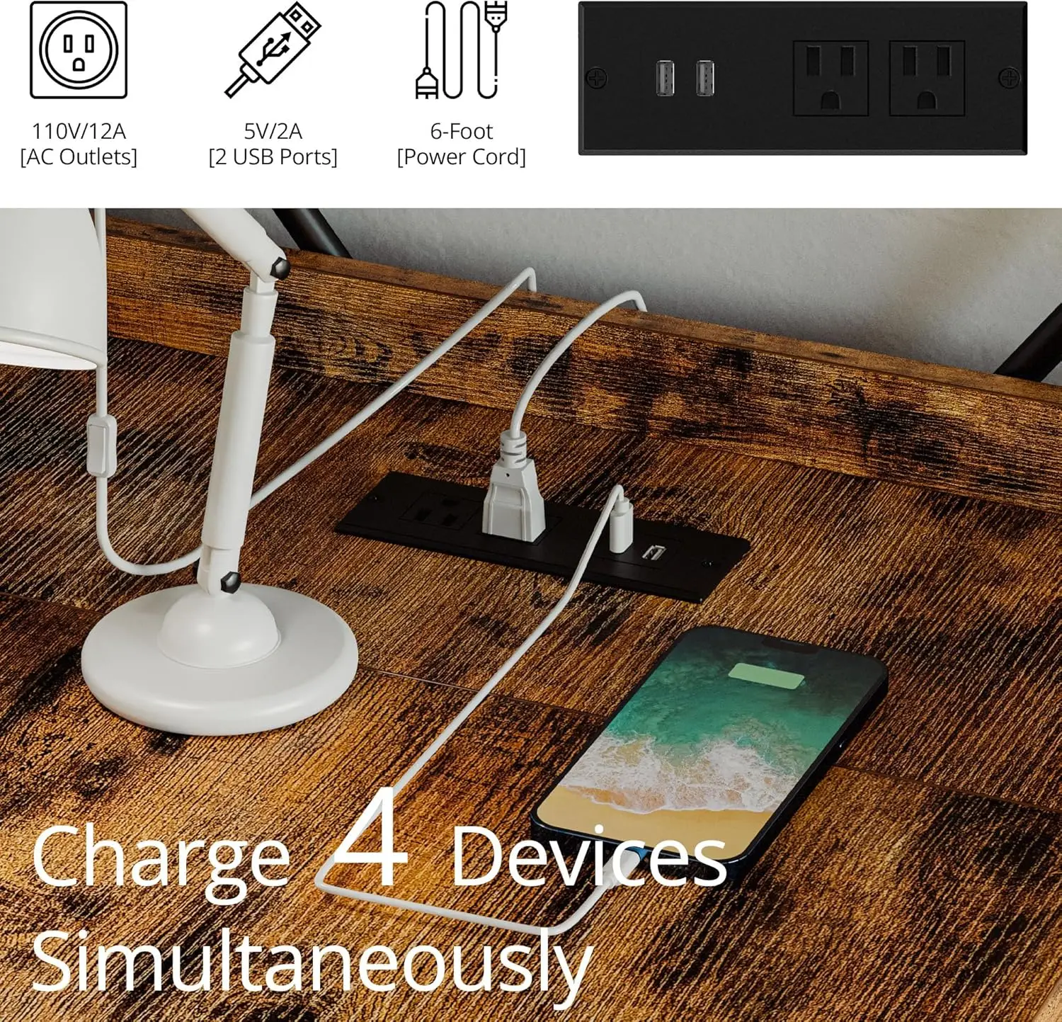 Biurko komputerowe 47 cali z gniazdem zasilania i półkami do przechowywania, biurko do nauki i pisania z portami USB i stacją ładującą, stół do pracy przy komputerze.