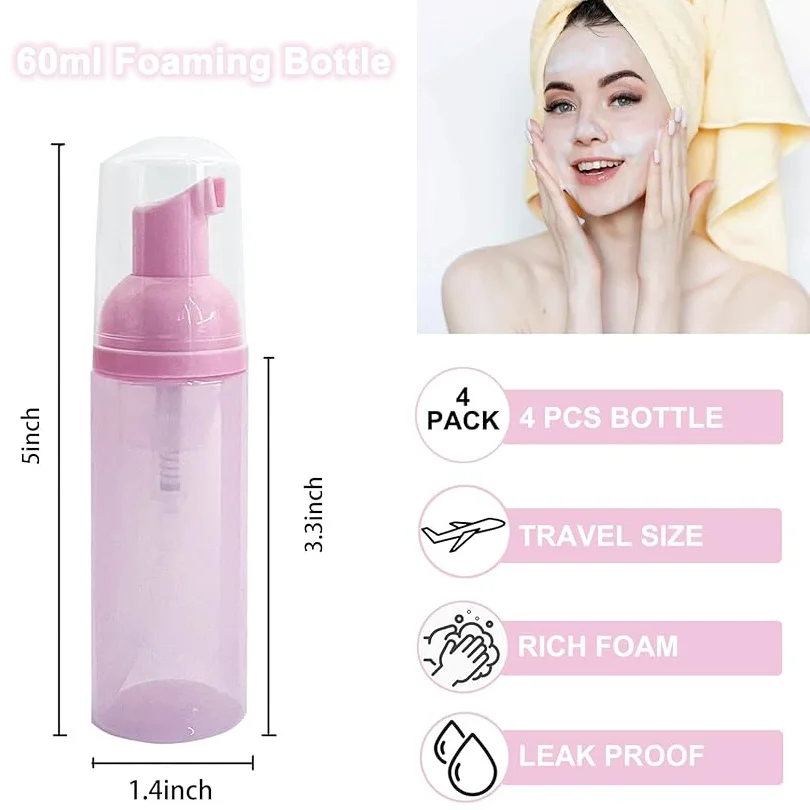 4Pcs 2oz Lash Shampoo Foaming Bottle Empty Soap Dispenser Plastic Refillable Travel Pump Bottles Hand Soap Toiletries Sub Bottle