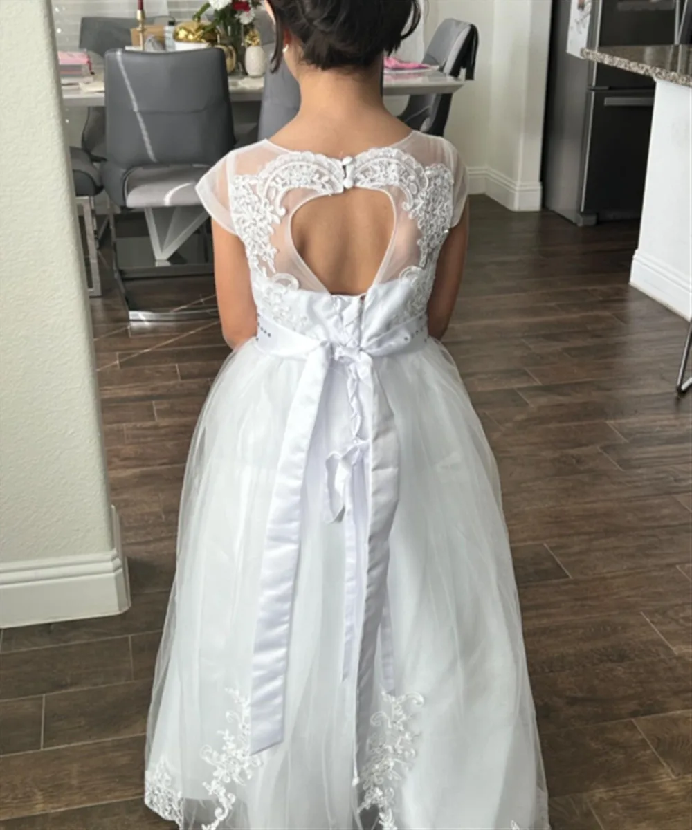 Abito da sposa per ragazza di fiore in pizzo bianco con applicazioni di perline con fiocco Abito da principessa per festa di compleanno Abito da battesimo per prima comunione per bambini