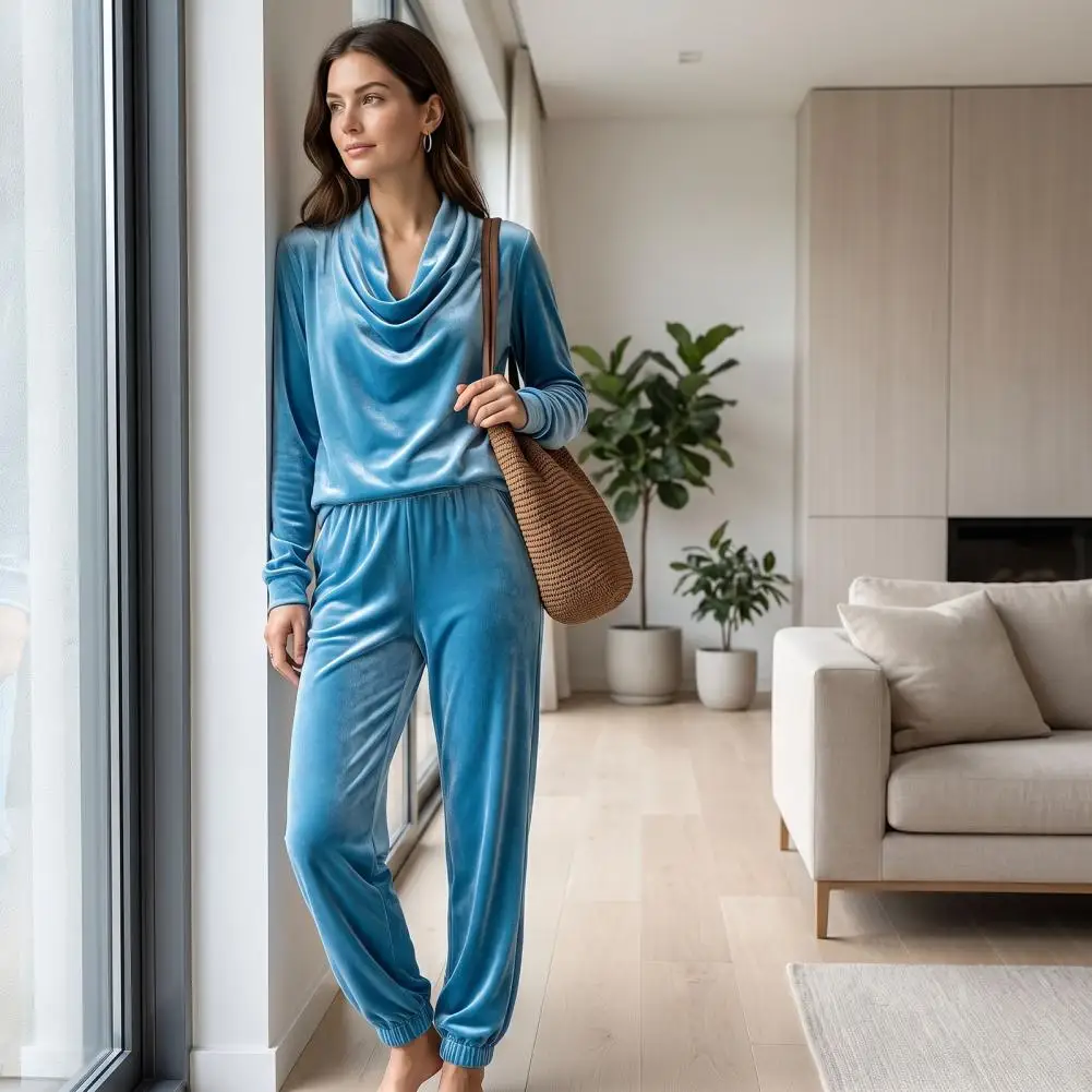 Long Sleeve Tops Women’s Velvet Lounge Set Ruffle V-neck Sweatshirt Elastic Waist Pants Solid Color 2-piece for Relaxation