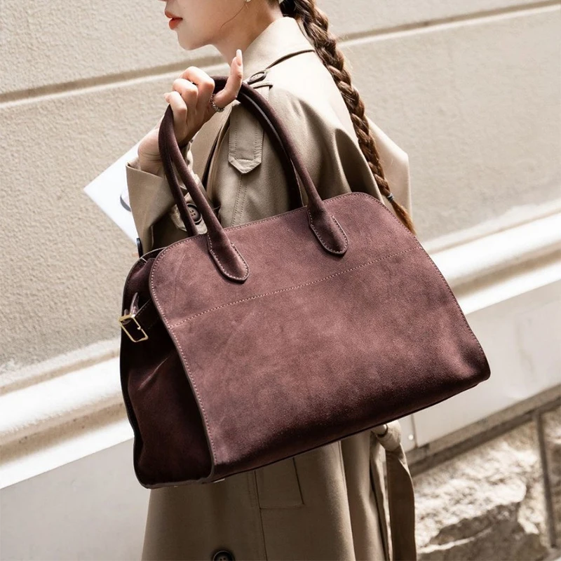 Natural Suede Tote Handbag Women Nubuck Leather Large Capacity Casual Tote Bag Roomy Solid Commute Bag Portable Handbag Winter