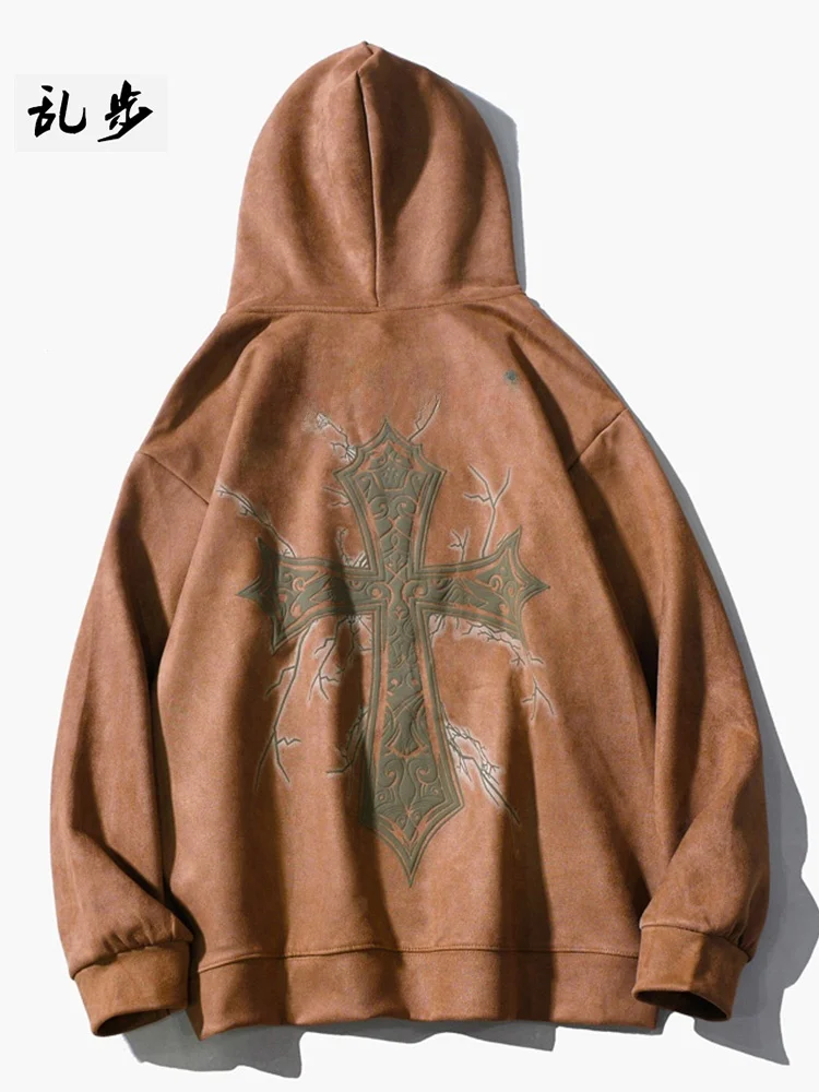 

Толстовка Rampo Heavyweight из замши с готическим дизайном и крестом, свободного кроя, с длинными рукавами, для мужчин и женщин