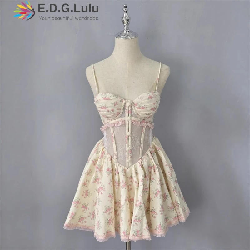 EDGLuLu Seksowne Stroje Damskie Sukienki Mini na Imprezę z Wysokim Stanem, Prześwitujące, z Koronkowymi Wstawkami i Kwiatowym Wzorem, Słodkie, Codzienne, Wakacyjne 0616