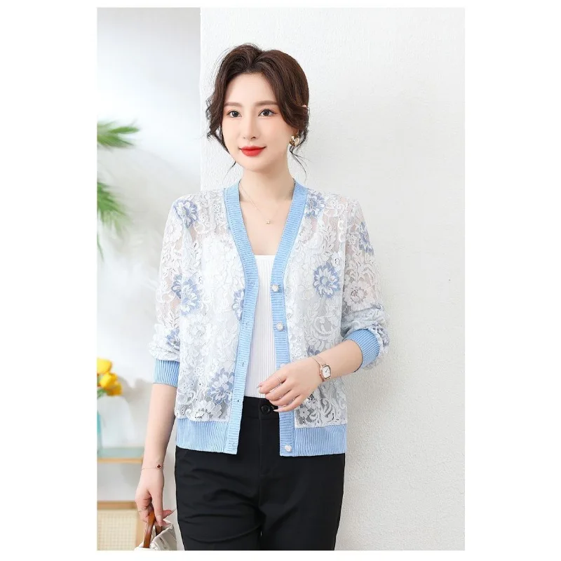 الخامس الرقبة سترة مشغولة من الصوف سترة ملابس الحماية من الشمس للنساء 2025 رقيقة الدانتيل فضفاضة جوفاء طويلة الأكمام البنطال القصير