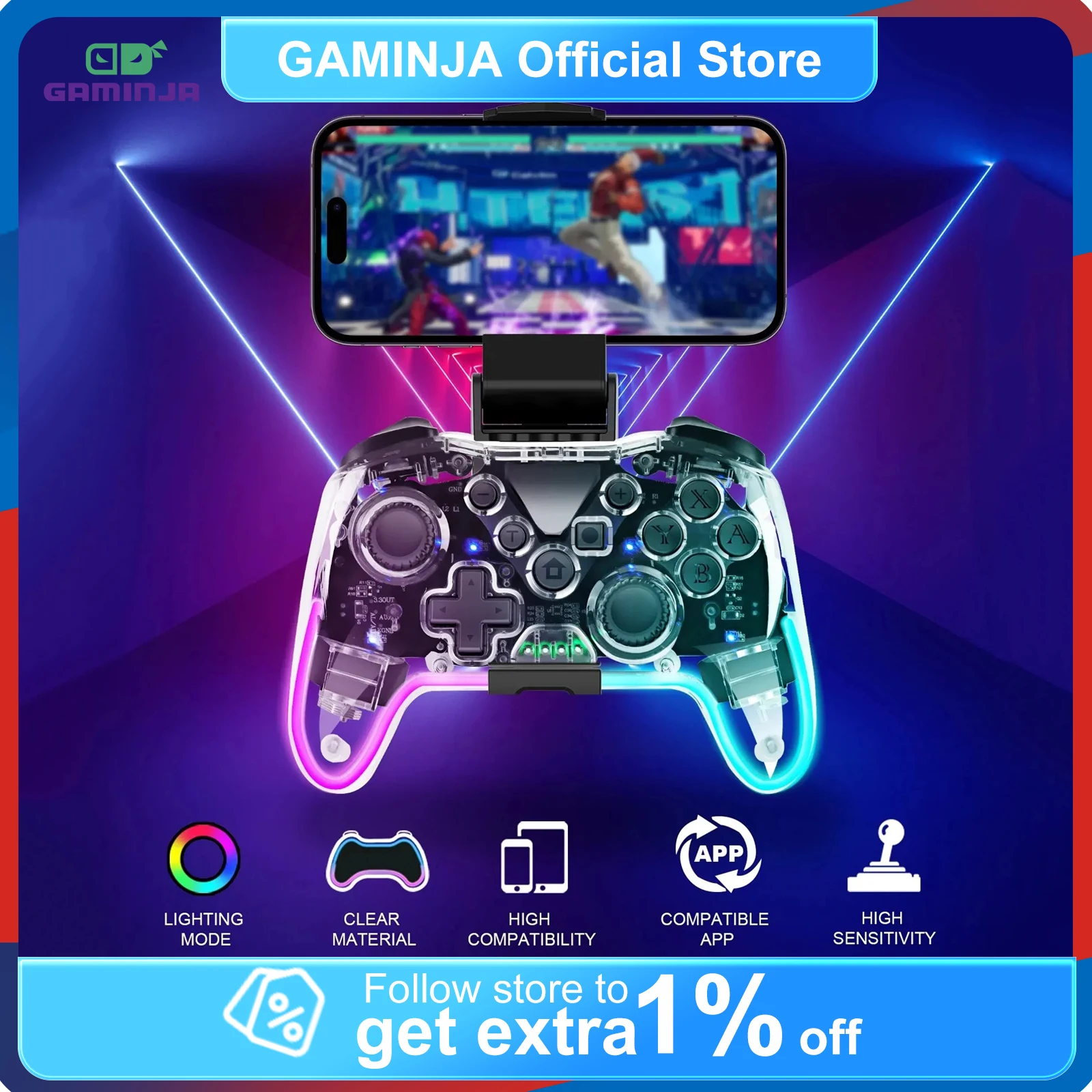 

GAMINJA MG35 Wireless Game Controller for Tesla RGB Light Bluetooth Gamepad for Switch PS4 Smart Phone PC Universal Joystick