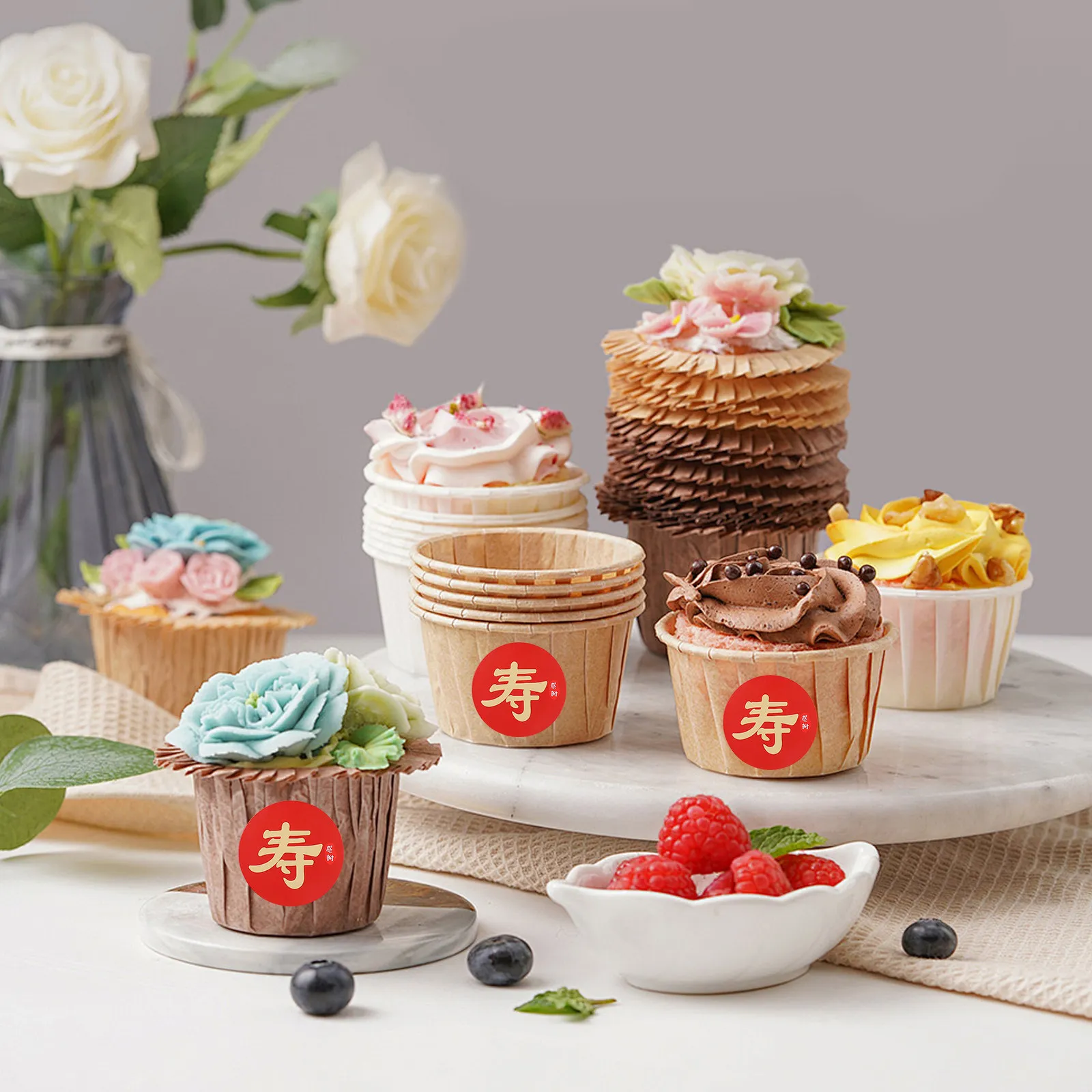 40 Pegatinas Rojas con Caracteres Chinos de Larga Vida, Etiquetas Tradicionales Redondas para Decoración de Pasteles, para Mesa de Postres, Vasos de Pudín, Cumpleaños