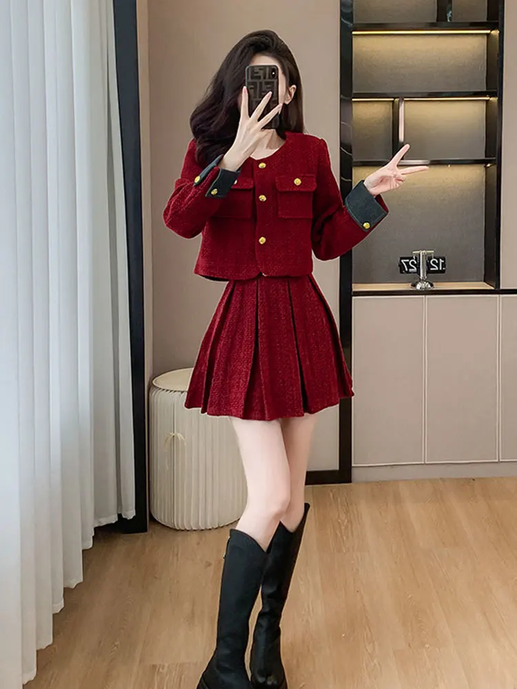 Fashion Elegant Red Suit Women\'s 2023 Autumn Winter Crewneck Gold Buckle Long Sleeve Coat+Pleated Skirt With Belt Two-Piece Set