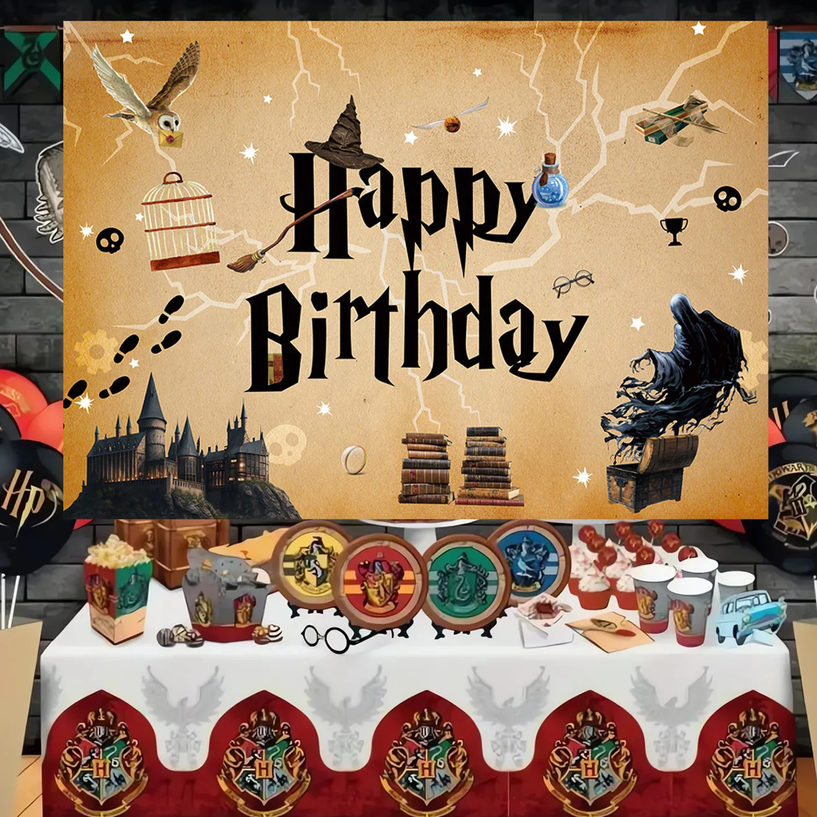 Photography Background Happy Birthday Party Decorative Banner Magic Wizard Castle Branch Hat Cake Table Hanging Cloth Vinyl