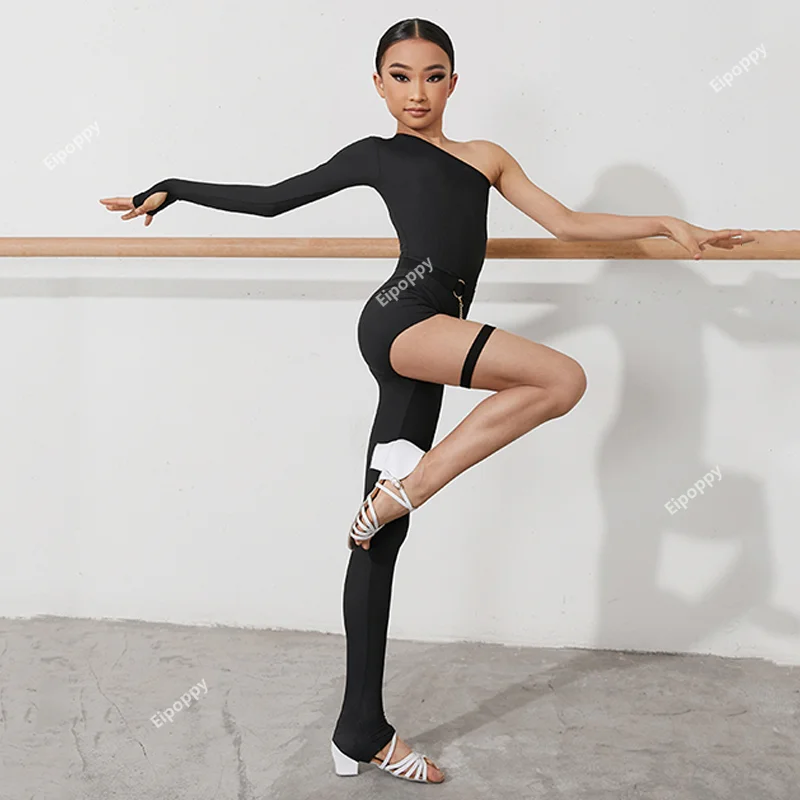 New Latin Dance Jumpsuit For Girls Designer Clothes Slant Shouder Cha Cha Dance Performance Costume Training Wear