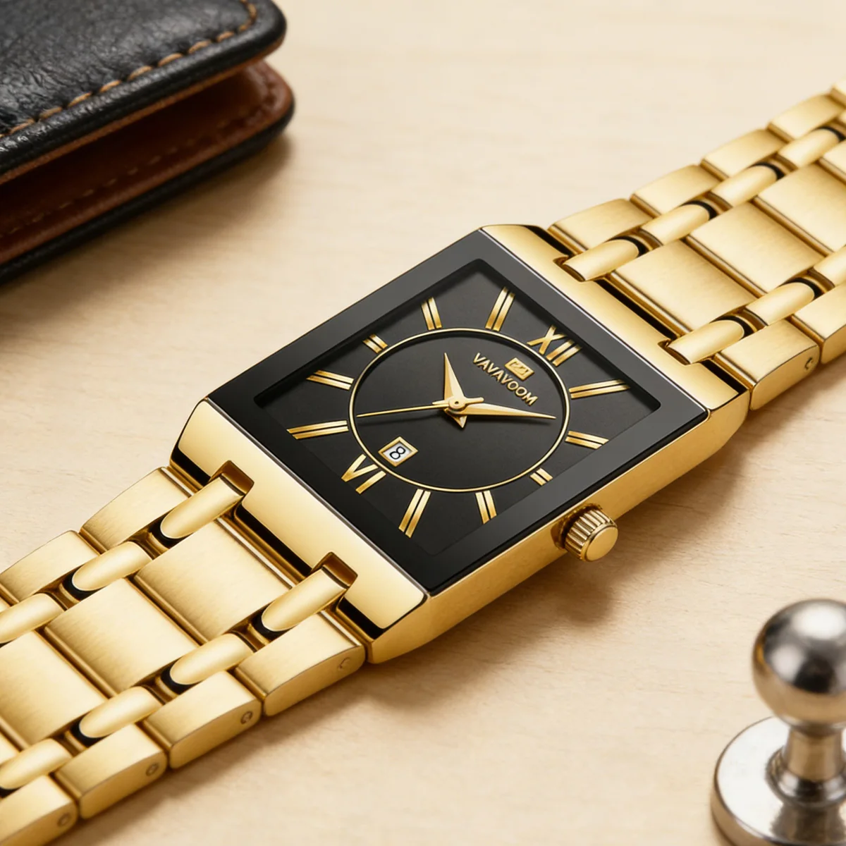 Square Men Watch 41mm Rose Gold Ring Stainless Steel Black Clock Quartz Movement Business Meeting Daily Waterproof Watch for Men - view 2
