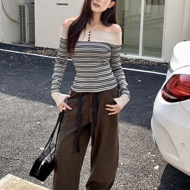 Retro Hotsweet Contrasting Colors T-shirts Female Clothing American Striped Spliced Autumn Aura Slash Neck Button Slim Pullovers