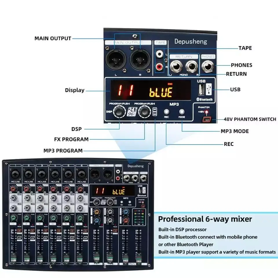 Depusheng UF6 Professional 6 channels dj usb mini audio mixer for audio recording karaoke stage performance