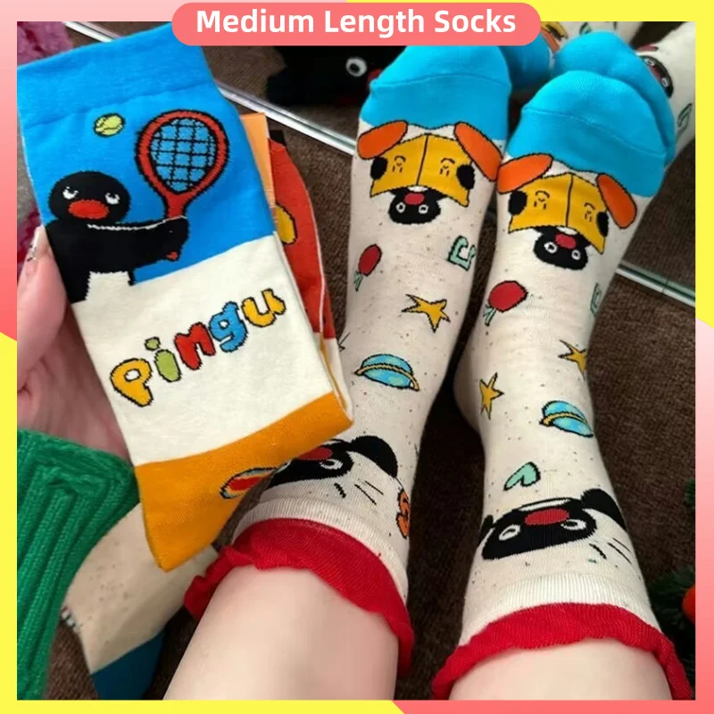 4 Pairs Pingu Medium Length Socks Women Cartoon Autumn Winter Casual Breathable Soft Versatile Fashionable Kawaii Girls Socks