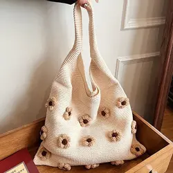 Bolso de hombro de punto portátil, bolsa de compras informal de alta capacidad, bolso de mano reutilizable hecho a mano