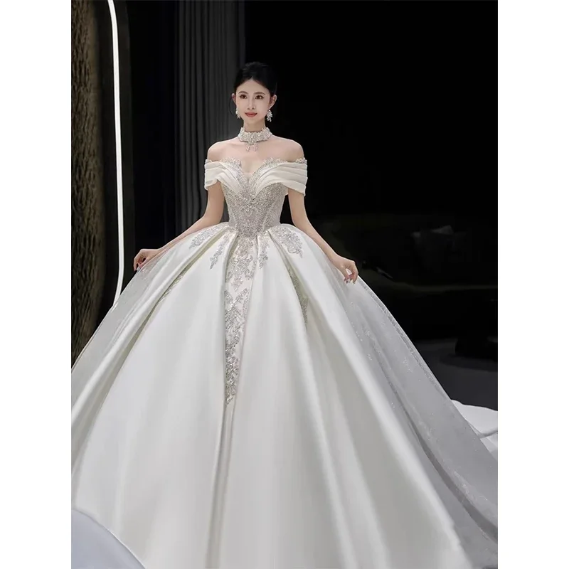 One Character Lord Wedding Dress, Bridal French Satin Main Yarn, High Quality Texture, Long Tailed Wedding Dress Marriage Dress