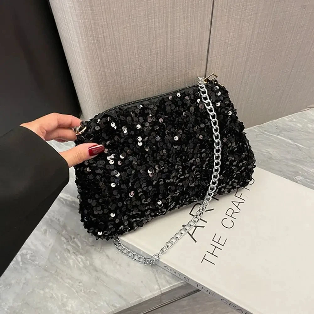 Einfarbige Umhängetasche mit Pailletten, einfache INS-Kette, Pailletten, Umhängetasche, Tasche, Handytasche, kleine quadratische Tasche, Dinner-Party – Detail 7