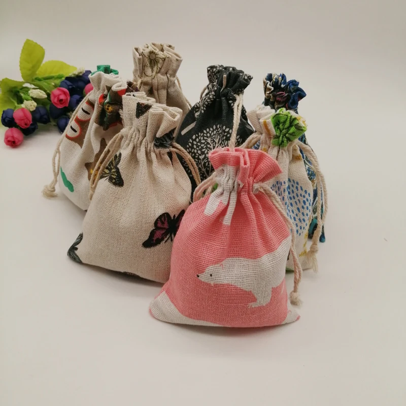 Bolsa de yute con cordón para joyería, bolso pequeño de algodón con patrón de 1000 piezas, almacenamiento de exhibición de joyería, bolsa de regalo artesanal