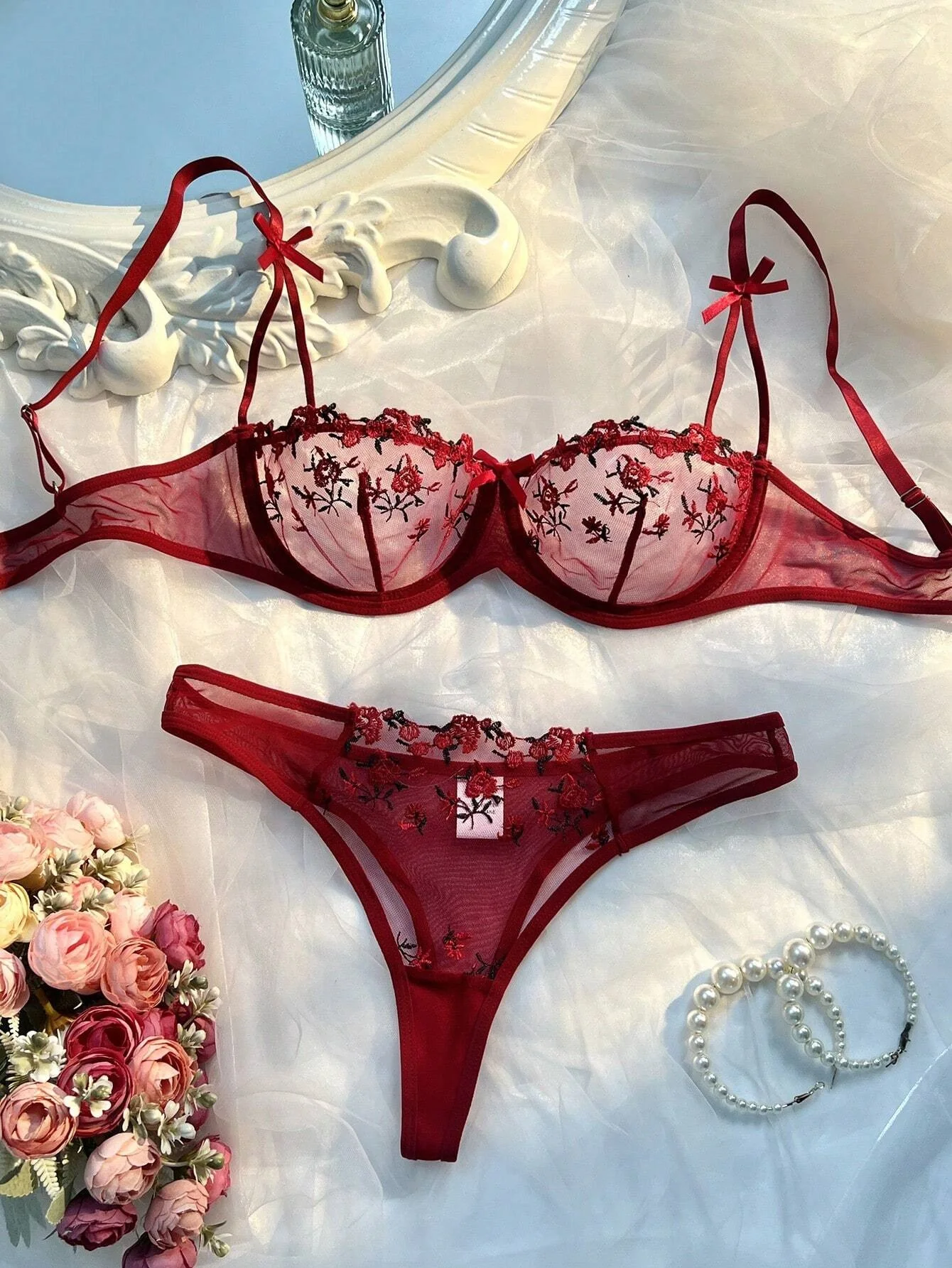 New Wine See Trough Lingerie Two Piece Set Thong Women Intimates Push Up Bras Everyday Embroidery Printing Bowknot Underwear image 3