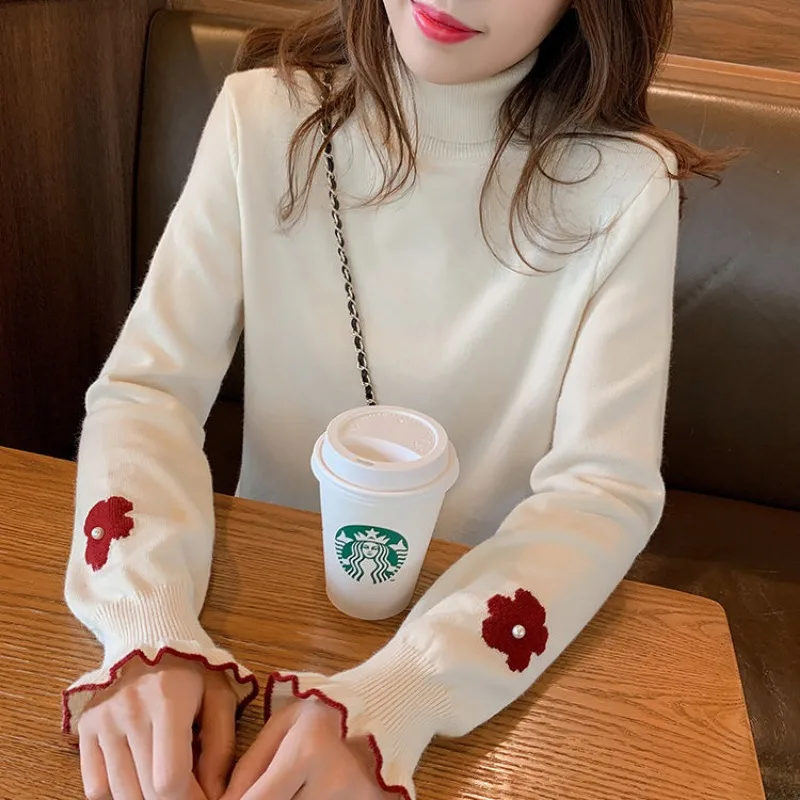 Turtleneck Embroidered Knitting Bottoming Shirt Women Autumn Winter Sweet Loose Sweater Fashion All-match Trend Knitwear Tops