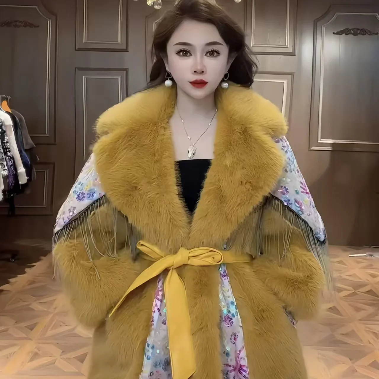 Faux Fur Coat for Women,Adjustable Waist Jacket,Thick Warm Female Clothes,Big Fur Collar,Sequins,Autumn and Winter, 2024