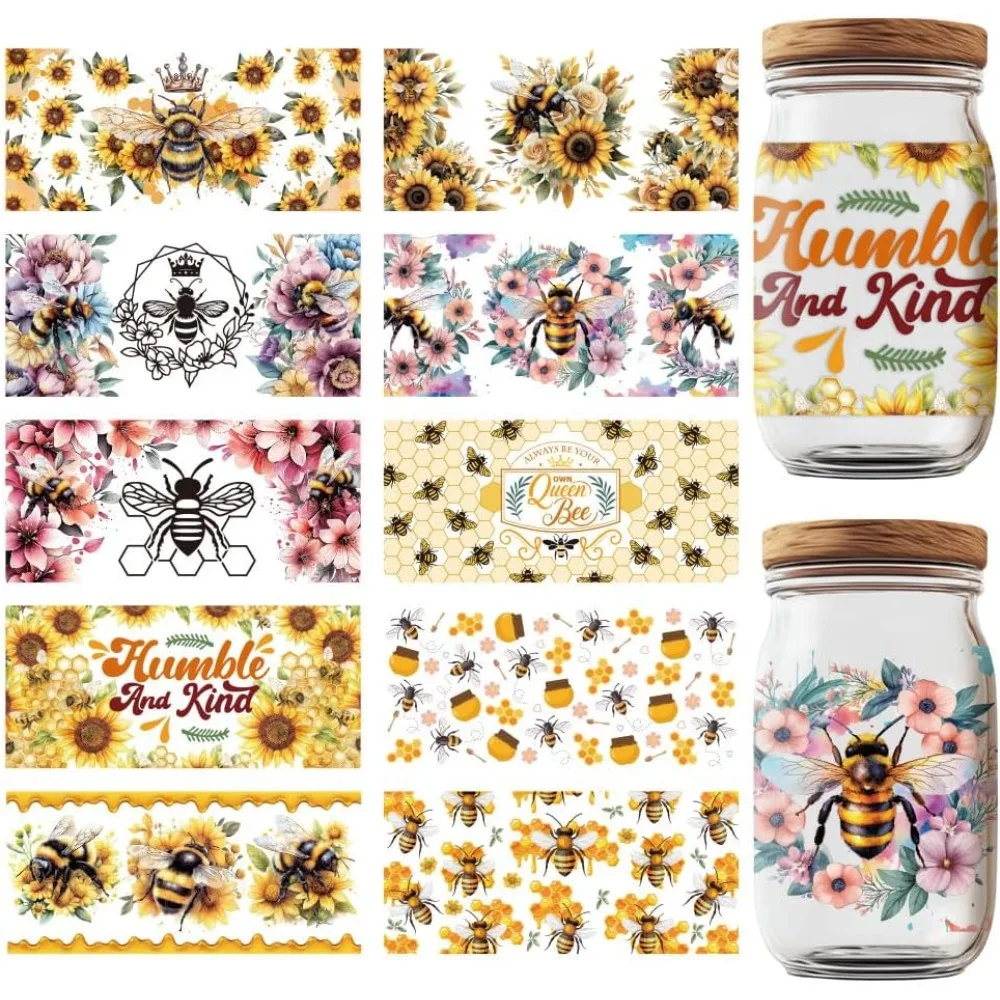 10 Sheets UV DTF Cup Wraps Sunflower Bee Honeycomb Rub on Transfer Decals PVC Waterproof Cup Transfer Stickers for DIY