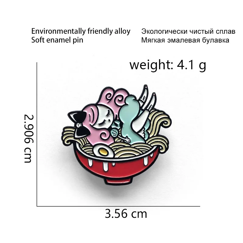 Broche dormindo para meninas, alfinetes esmaltados, tigela de macarrão, presente para crianças