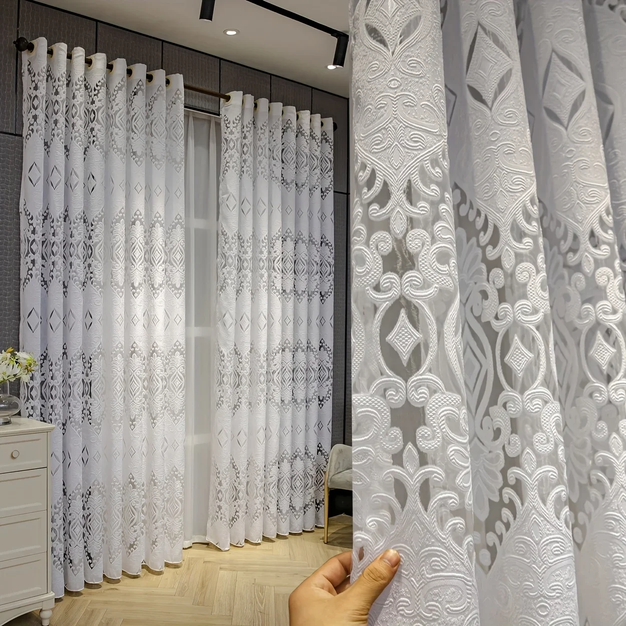 

DDHOME 2 Panels European Embroidery Sheer Curtain, White Translucent Voile for Living Room/Bedroom/Balcony/Kitchen, Easy to Install, Br