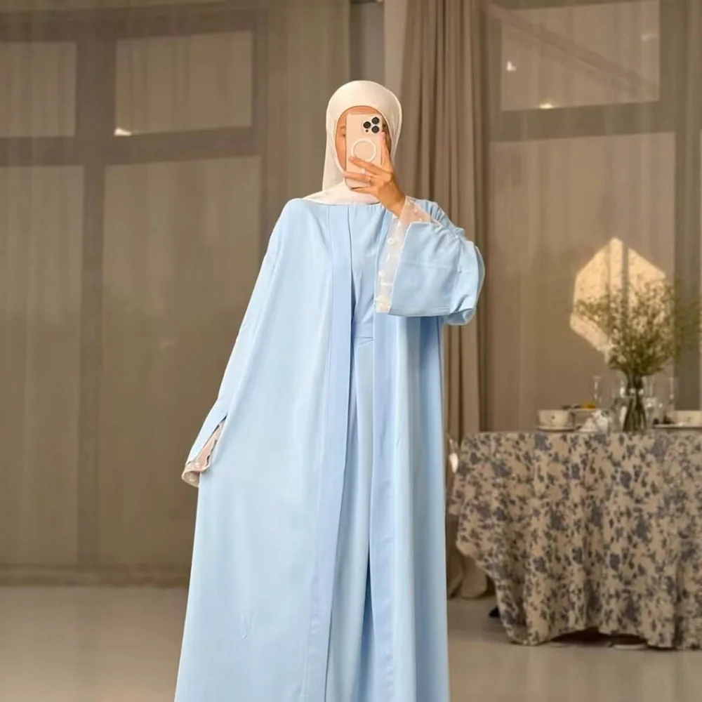 

Мусульманское женское кружевное кимоно, кардиган, платье, комплект из 2 предметов, ислам Джалабия, Дубай, Абая, Турция, кафтан Kebaya, кафтан, марокканский женский халат