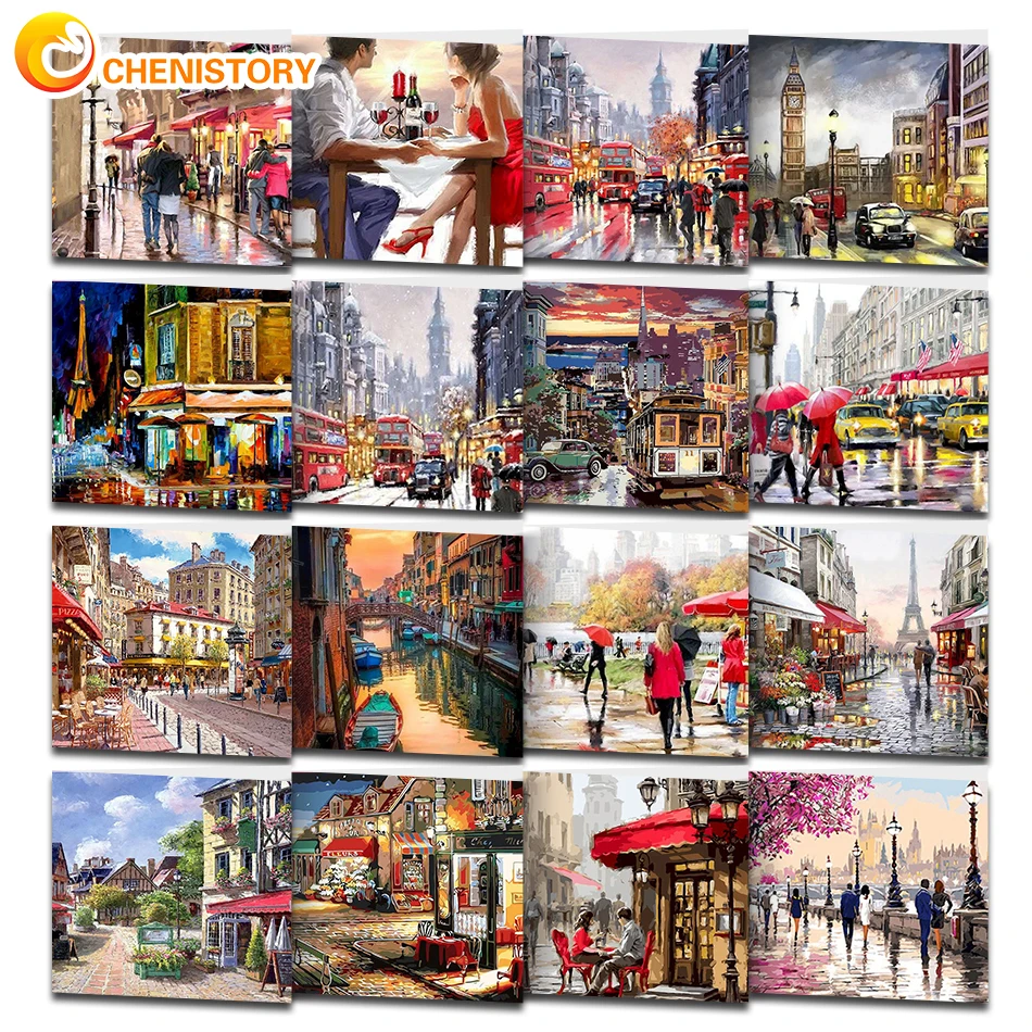 

CHENISTORY DIY Painting By Numbers Acrylic Kits Paris Street Landscape Decompression Painting On Number Adults For Pictures New